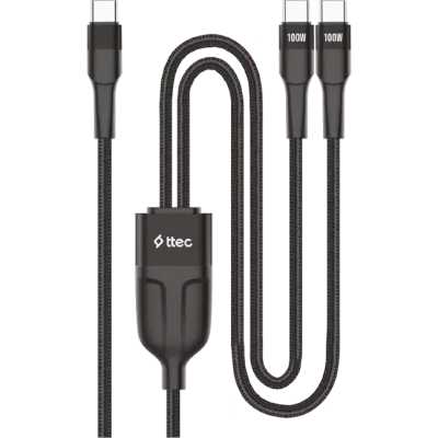 Кабель для зарядки и передачи данных TTEC AlumiCable Duo USB-C To 2* USB-C Fast Charge 100W Cable. Длина: 150см. Цвет: черный