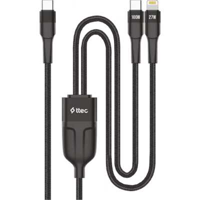 Кабель для зарядки и передачи данных TTEC AlumiCable Duo USB-C To USB-C&Lightning Fast Charge 100W Cable. Длина: 150см. Цвет: черный