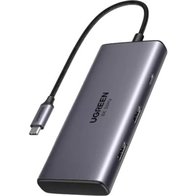 Адаптер UGREEN CM498 (15852) Revodok 6-in-1 8K@30Hz USB-C to 2*USB-A 3.0&USB-C 3.0&2*HDMI&PD Adpter. Цвет: серый