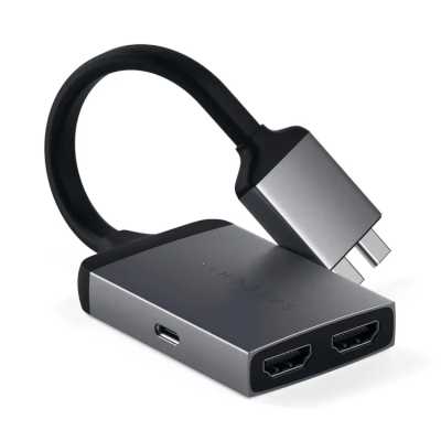 Адаптер Satechi Type-C Dual HDMI Adapter для MacBook с двумя портами USB-C. Порты 2 x HDMI 4K 60Hz, 1 x USB-C PD. Цвет серый космос.