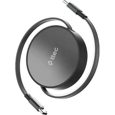 Кабель выдвижной TTEC USB-C to USB-C Mini Retractable 100W PD/QC 120cm Fast Charge Cable. Длина: 120 см. Цвет: серебристый