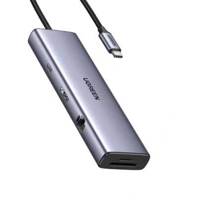 Конвертер UGREEN CM498 (15375) USB-C to 2*USB3.0+2*USB-C+HDMI+RJ45+SD&TF +PD port Converter. Цвет: серый