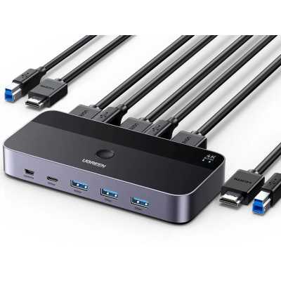 Переключатель UGREEN CM664 (15707) Switcher HDMI2.0 KVM 4K60Hz. Цвет: серый космос/черный