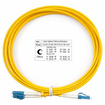 Комм. шнур оптический Cabeus Tight Buffer, Duplex LC/LC, OS2 9/125, LSZH, 3м, d= 3мм, синий хвостовик, желтый