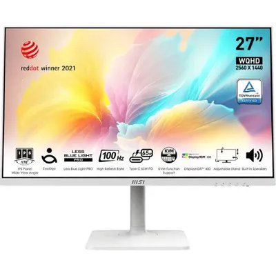 Монитор 27" MSI Modern MD272QXPW IPS 2560x1440, 100 Гц, 4 мс, 16:9, 400 кд/м², HDMI 2.0b, DP 1.2a, USB-C (98 Вт), USB Hub (2x USB 2.0), 3.5 Jack, HDR10, белый