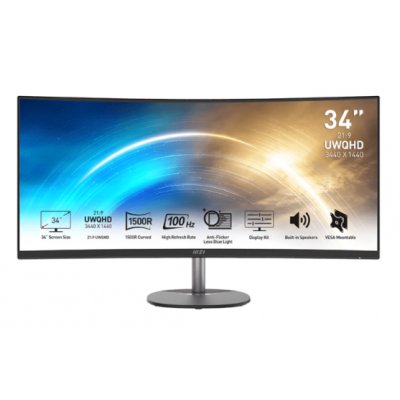 Монитор 34" MSI PRO MP341CQ VA 3440x1440, 100 Гц, 1 мс, 21:9, 300 кд/м², 2xHDMI 2.0b, DP 1.2a, 3.5 Jack, динамики (2x2 Вт), изогнутый экран (1500R), FreeSync, черный