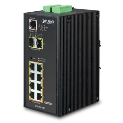 Коммутатор индустриальный PoE IGS-10020PT для монтажа в DIN-рейку IP30 L2+ SNMP Manageable 8-Port Gigabit POE(Af) Switch + 2-Port Gigabit SFP Industrial Switch (-40 to 75 C), ERPS Ring Supported, 1588