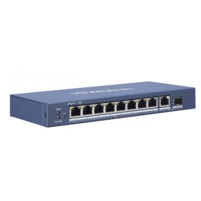 Коммутатор HiWatch DS-S1008GP, 8×1 Гбит/с PoE + 1×1 Гбит/с + 1×1 Гбит/с SFP, неуправляемый
