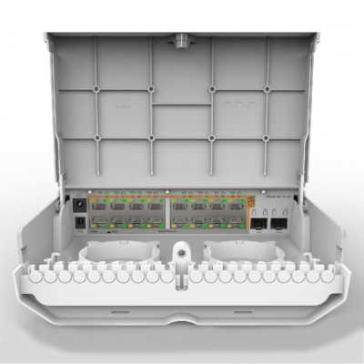 Коммутатор MikroTik Cloud Router Switch 318-16P-2S+OUT with 800MHz CPU, 256MB RAM, 16x Gigabit LAN with PoE-out, 2xSFP+ cages, RouterOS L5 or SwitchOS (dual boot), outdoor enclosure, mounting kit (power supply N