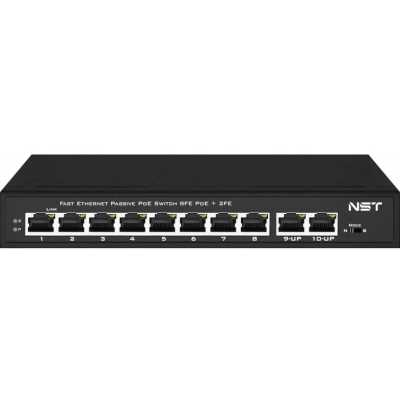 Kоммутатор Passive PoE NST NS-SW-8F2F-P/A - Fast Ethernet на 10 портов. Порты: 8 х FE (10/100 Base-T, 52V 4,5(+) 7,8(–)) совместимы с PoE (IEEE 802.3af/at), 2 x FE (10/100 Base-T) Uplink. Мощность PoE на порт - до 30W.