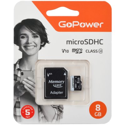 Карта памяти microSD GoPower 8GB Class10 15 МБ/сек V10 с адаптером