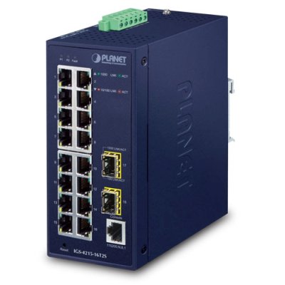 Коммутатор PLANET IGS-4215-16T2S IP30 Industrial L2/L4 16-Port 10/100/1000T + 2-Port 100/1000X SFP Managed Switch (-40~75 degrees C, dual redundant power input on 12~48VDC/24VAC terminal block)