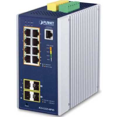 Коммутатор индустриальный PoE IGS-5225-8P4S для монтажа в DIN-рейку IP30 Industrial L2+/L4 8-Port 1000T 802.3at PoE+ 4-port 100/1000X SFP Full Managed Switch (-40 to 75 C, dual redundant power input on 48~56VDC terminal block, DIDO, ERPS Ring Supported, 1