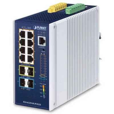Коммутатор PLANET IGS-6329-8UP2S2X IP30 DIN-rail Industrial L3 8-Port 10/100/1000T 802.3bt PoE + 2-port 1G/2.5G SFP + 2-Port 10G SFP+ Full Managed Switch (-40 to 75 C, 8-port 95W PoE++, 802.3bt/PoH/Force modes, DIDO, ERPS Ring, 1588 PTP TC, Modbus TCP, ON