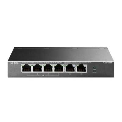 Коммутатор TP-Link 4-port 10/100Mbps Unmanaged PoE+ Switch with 2 10/100Mbps uplink ports, meta case, desktop mount, 4 802.3af/at compliant PoE+ port, 2 10/100Mbps uplink ports, DIP switches for Extend mode, Isolation mode and Priority mode, up to 250m Po