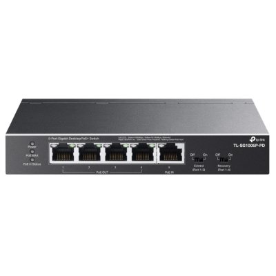 Коммутатор настольный TP-Link TL-SG1005P-PD с 5 гиг. портами (1 порт с входящим PoE++, 4 порта с исходящим PoE+), бюджет PoE: 9, 21, 47 или 66 Вт (зависит от используемого стандарта входящего PoE)