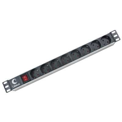 Блок евророзеток для 19" шкафов, Cabeus PDU-8P горизонтальный, 8 розеток, 10 A, выключатель, гнездо под шнур, алюминиевый корпус