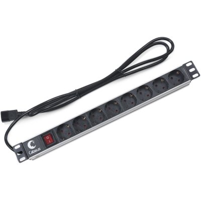 Блок силовых розеток Cabeus, Shuko х 8, вход IEC 320 C14, для шкафов, шнур 2 м, 50х490х50 мм (ВхШхГ), 10А, выключатель, черный