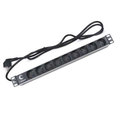 Блок евророзеток Cabeus PDU-9P-2EU для 19" шкафов, горизонтальный, 9 розеток, 16 A, без выключателя, шнур 2м, алюминиевый корпус, немецкий стандарт