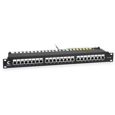 Комм. патч-панель Cabeus, 19", 1HU, портов: 24 х RJ45, кат. 5е, экр., черный, (PL-24-Cat.5e-SH-Dual)