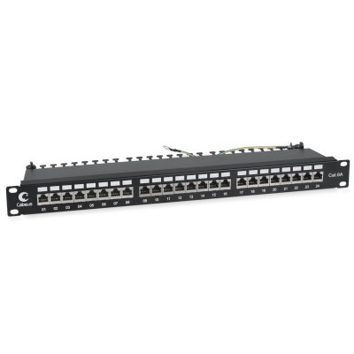 Комм. патч-панель Cabeus, 19", 1HU, портов: 24 х RJ45, кат. 6A, экр., черный, (PL-24-Cat.6A-SH-Dual)