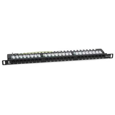 Комм. патч-панель Cabeus, 19", 0,5HU, портов: 24 х RJ45, кат. 5е, неэкр., черный, (PLHD-24-Cat.5e-Dual-90-0,5U)
