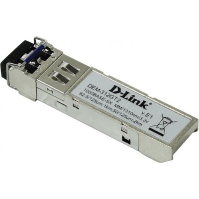 Трансивер D-Link 312GT2/A1A, SFP Transceiver with 1 1000Base-SX+ port.Up to 2km, multi-mode Fiber, Duplex LC connector, Transmitting and Receiving wavelength: 1310nm, 3.3V power.