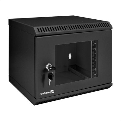 Шкаф телекоммуникационный 10" настенный 6U ExeGate EC-WM-6U.280.G.BLACK (10", 6U, 350x280x287мм (ШхГхВ), передняя дверь закаленное стекло, пыле- и влагозащита IP23, черный RAL 9004)
