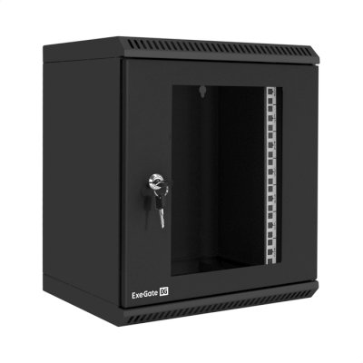 Шкаф телекоммуникационный 10" настенный 9U ExeGate EC-WM-9U.280.G.BLACK (10”, 9U, 350x280x420mm (ШхГхВ), передняя дверь закаленное стекло, пыле- и влагозащита IP23, черный RAL 9004)