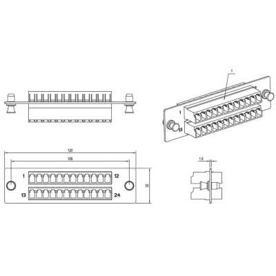 Панель Hyperline FO-FPM-W120H32-24LC-BL для FO-19BX с 24 LC адаптерами, 24 волокна, одномод OS1/OS2, 120x32 мм, адаптеры цвета синий