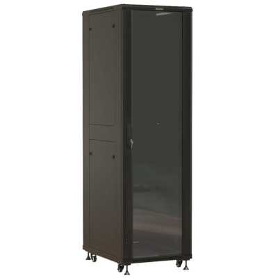 Шкаф серверный Hyperline (TTBR-4261-AS-RAL9004) напольный 42U 600x1000мм пер.дв.стекл задн.дв.спл.стал.лист 2 бок.пан. 800кг черный 910мм 128.2кг 2055мм IP20 сталь