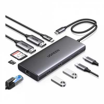 Конвертер UGREEN CM639 (45380) 10-in-1 4K@60Hz USB-C to USB-A 3.2+USB-A 3.0+2*USB-C 3.2+2*HDMI+RJ45 Gigabit+SD&TF +PD port Converter. Цвет: серый