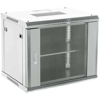 Настенный шкаф Rexant RAL 7035 19" 9U 600×450×501 (ШxГxВ), дверь стекло, металлическая задняя стенка, боковые съемные стенки