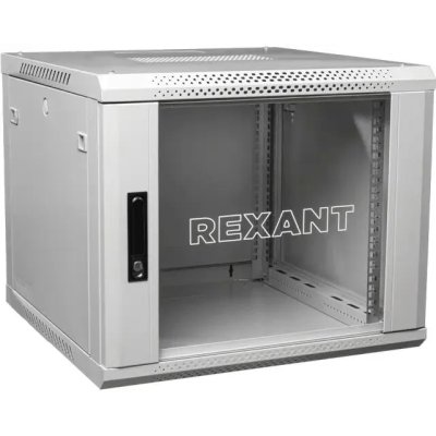 Настенный шкаф Rexant 19" 9U 600×600×501 (ШxГxВ), дверь стекло, металлическая задняя стенка, боковые съемные стенки, RAL 7035