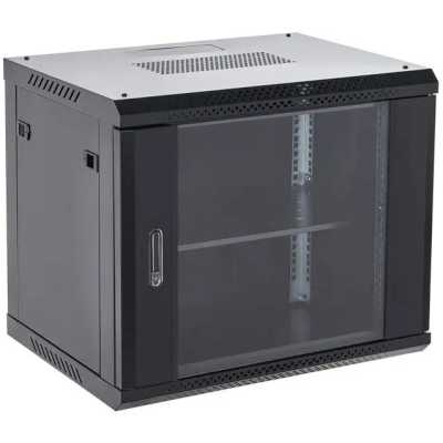 Настенный шкаф Rexant RAL 9005 19" 12U 600×600×635 (ШxГxВ), дверь стекло, металлическая задняя стенка, боковые съемные стенки
