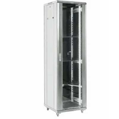 Напольный шкаф Rexant RAL 7035 19" 18U 600×600×987 (ШxГxВ), дверь стекло, металлическая задняя дверь, боковые съемные стенки