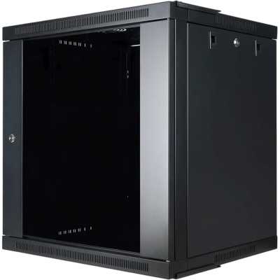 Настенный шкаф Wize Pro W12UQSR 19", 12U, быстрая сборка без инструментов, 600х400 мм, стеклянная передняя дверь, задняя стенка металлическая, неоткидная, макс. вес нагрузки 50 кг, сталь, черный