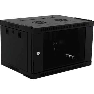 Настенный шкаф Wize Pro W6U45QSR 19", 6U, быстрая сборка без инструментов, 600х450 мм, стеклянная передняя дверь, задняя стенка металлическая, неоткидная, макс. вес нагрузки 50 кг, сталь, черный