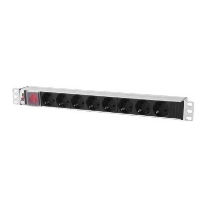 Блок розеток Rem-10 без шнура с выкл., 8 Sсhuko, вход IEC 60320 C14, 10A, алюм., 19"