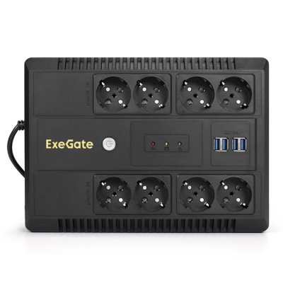 Источник бесперебойного питания ExeGate NEO NNB-1000.LED.AVR.8SH.CH 1000VA/650W, LED, AVR, 8*Schuko, 4*USB-порта для зарядки, черный