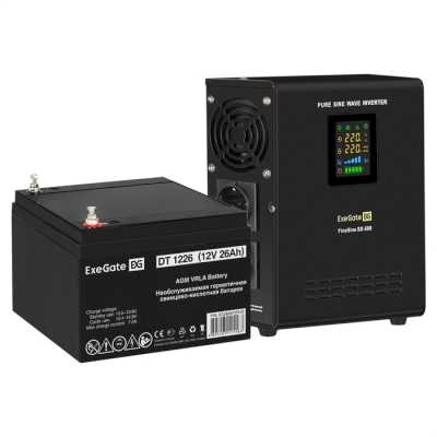 Комплект Источник бесперебойного питания EX295995RUS + батарея 26Aч EX282970RUS 1шт (инвертор, синус, для котла, настенный) ExeGate FineSine SX-500.LCD.AVR.2SH <500VA/300W, чистая синусоида, цветной LCD-дисплей, AVR, 2*Schuko, линейно-интерактивный, крепл