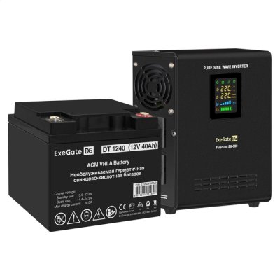 Комплект Источник бесперебойного питания EX295995RUS + батарея 40Aч EX282976RUS 1шт (инвертор, синус, для котла, настенный) ExeGate FineSine SX-500.LCD.AVR.2SH <500VA/300W, чистая синусоида, цветной LCD-дисплей, AVR, 2*Schuko, линейно-интерактивный, крепл