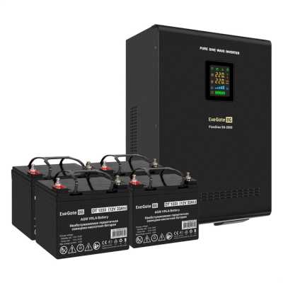 Комплект Источник бесперебойного питания EX296003RUS + батарея 33Aч EX282974RUS 4шт (инвертор, синус, для котла, настенный) ExeGate FineSine SX-3000.LCD.AVR.2SH.T <3000VA/2100W, чистая синусоида, цветной LCD-дисплей, AVR, 2*Schuko+клеммы, линейно-интеракт