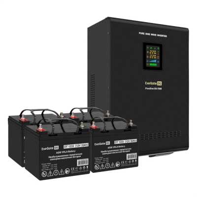 Комплект Источник бесперебойного питания EX296005RUS + батарея 33Aч EX282974RUS 4шт (инвертор, синус, для котла, настенный) ExeGate FineSine SX-7000.LCD.AVR.2SH.T 7000VA/5000W, чистая синусоида, цветной LCD-дисплей, AVR, 2*Schuko+клеммы, линейно-интеракти