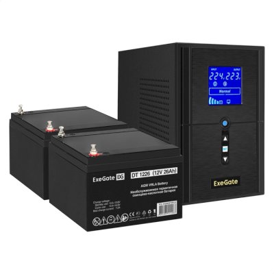 Комплект Источник бесперебойного питания EX295987RUS + батарея 26Aч EX282970RUS 2шт (инвертор, синус, для котла) ExeGate SineTower SZ-1000.LCD.AVR.2SH.1C13.USB 1000VA/800W, чистый синусоида, LCD дисплей, AVR, 2*Schuko+1*C13, USB, линейно-интерактивный, че