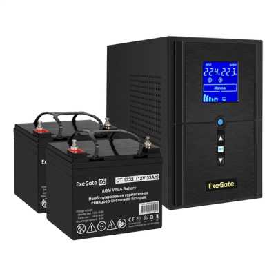 Комплект Источник бесперебойного питания EX295987RUS + батарея 33Aч EX282974RUS 2шт (инвертор, синус, для котла) ExeGate SineTower SZ-1000.LCD.AVR.2SH.1C13.USB 1000VA/800W, чистый синусоида, LCD дисплей, AVR, 2*Schuko+1*C13, USB, линейно-интерактивный, че
