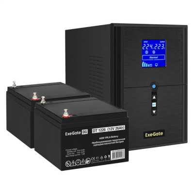 Комплект Источник бесперебойного питания EX295989RUS + батарея 26Aч EX282970RUS 2шт (инвертор, синус, для котла) ExeGate SineTower SZ-2000.LCD.AVR.3SH.1C13.USB 2000VA/1600W, чистый синусоида, LCD дисплей, AVR, 3*Schuko+1*C13, USB, линейно-интерактивный, ч