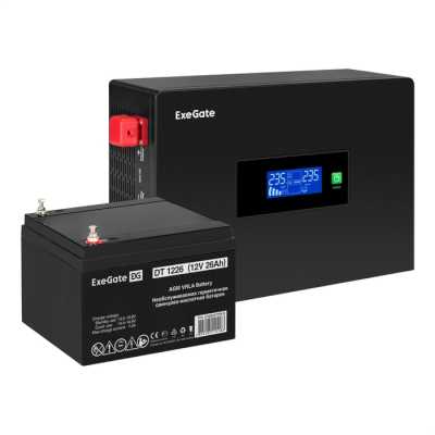 Комплект Источник бесперебойного питания EX295992RUS + батарея 26Aч EX282970RUS 1шт (инвертор, синус, для котла, PF=1, настенный) ExeGate IdealSine SR-600.LCD.2SH <600VA/600W, чистая синусоида, цветной LCD-дисплей, 2*Schuko, крепление настенное, черный> +