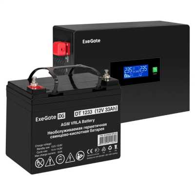 Комплект Источник бесперебойного питания EX295992RUS + батарея 33Aч EX282974RUS 1шт (инвертор, синус, для котла, PF=1, настенный) ExeGate IdealSine SR-600.LCD.2SH <600VA/600W, чистая синусоида, цветной LCD-дисплей, 2*Schuko, крепление настенное, черный> +