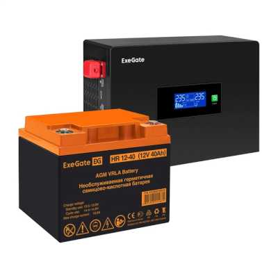 Комплект Источник бесперебойного питания EX295992RUS + батарея 40Aч EX282979RUS 1шт (инвертор, синус, для котла, PF=1, настенный) ExeGate IdealSine SR-600.LCD.2SH <600VA/600W, чистая синусоида, цветной LCD-дисплей, 2*Schuko, крепление настенное, черный> +